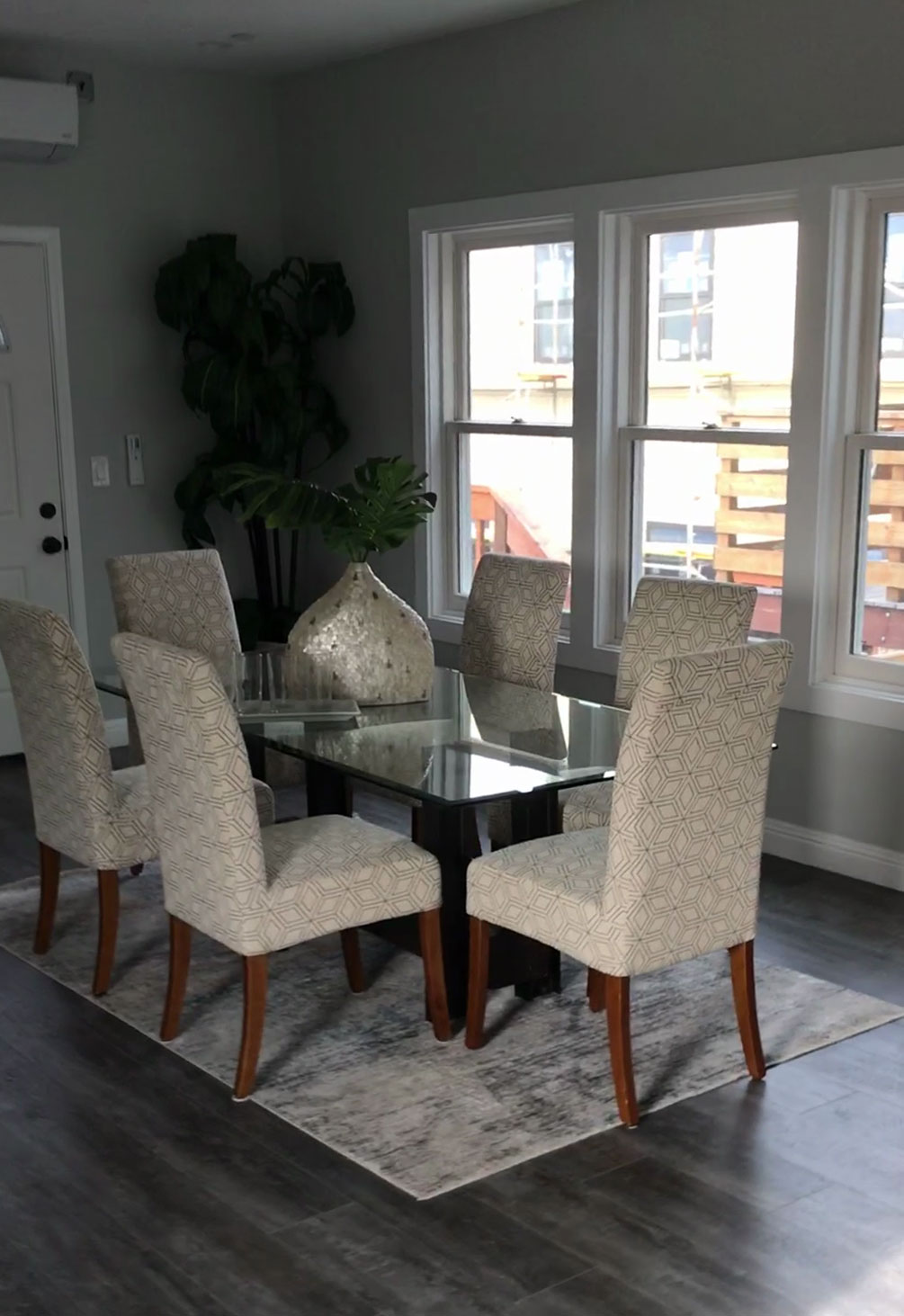 Glass dining room table with modern chairs and monstera plant installed in detached rental property
